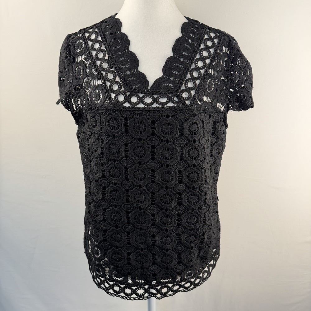 Laundry by Shell Segal Black Crochet Blouse Short Sleeve Goth‎ Feminine Sz M